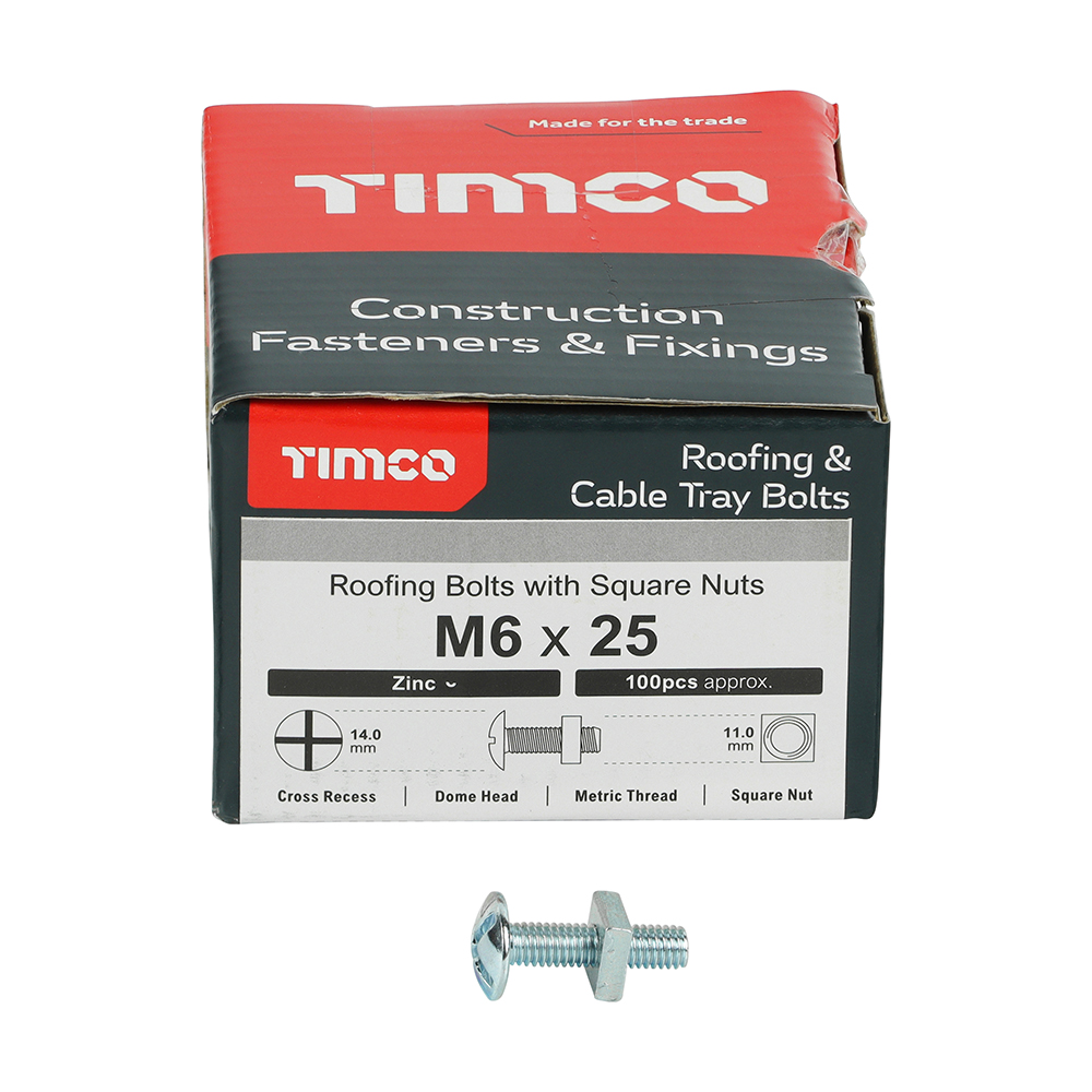 M6 X 25MM ROOFING BOLTS WITH SQUARE NUTS ZINC